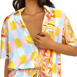 PrettyGarden Tropical Print Short Sleeve Button Down Blouse Size XXL